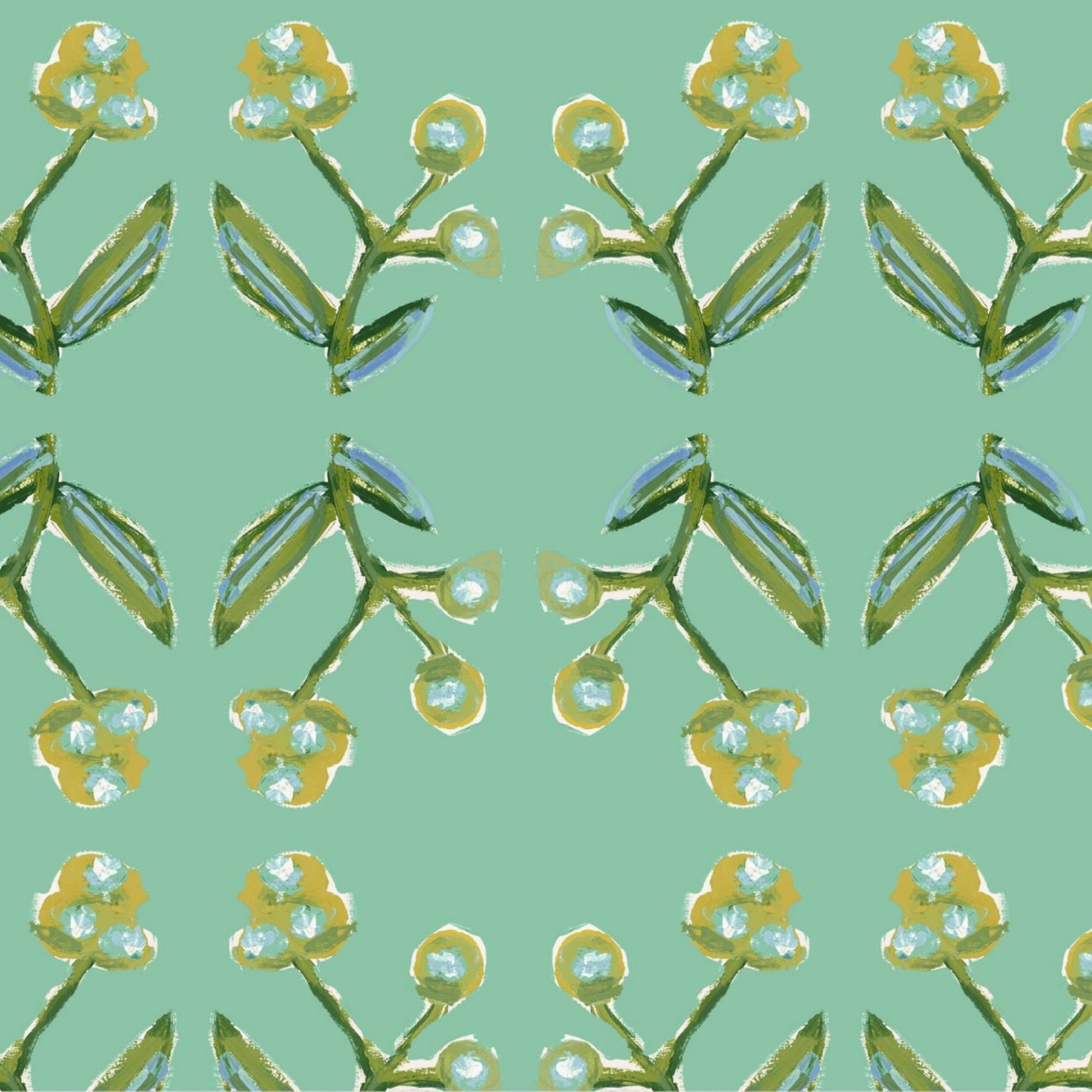 Antonia Wallpaper Green & Citron, Erin Donahue Tice botanical repeat with lime stems on Tampa Home & Garden Store