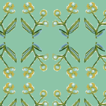 Antonia Wallpaper Green & Citron, Erin Donahue Tice botanical repeat with lime stems on Tampa Home & Garden Store