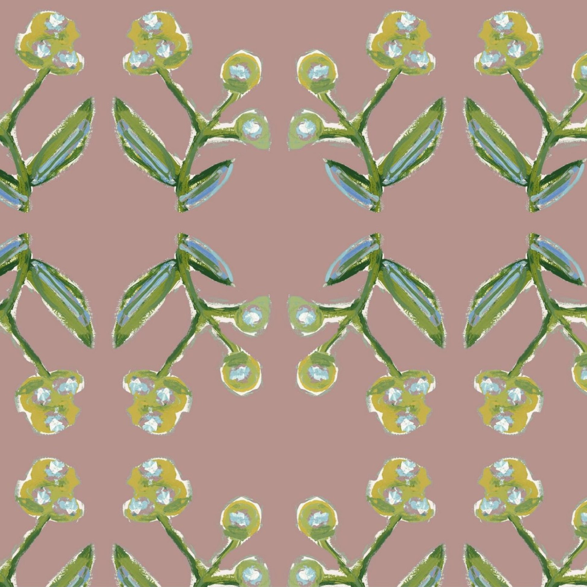 Antonia Wallpaper Mauve by Erin Donahue; green stems with blue centers on mauve background on Tampa Home & Garden Store