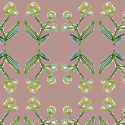 Antonia Wallpaper Mauve by Erin Donahue; green stems with blue centers on mauve background on Tampa Home & Garden Store