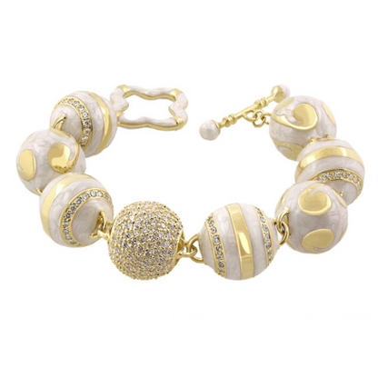 You Neek Ball Bracelet white enamel beads with gold accents and crystal ball Lauren G Adams on Tampa Home & Garden Store