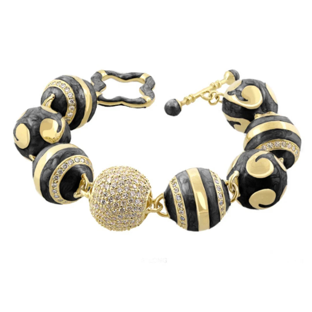 You Neek Ball Bracelet enamel black and gold beads with crystal ball centerpiece by Lauren G Adams on Tampa Home & Garden Store