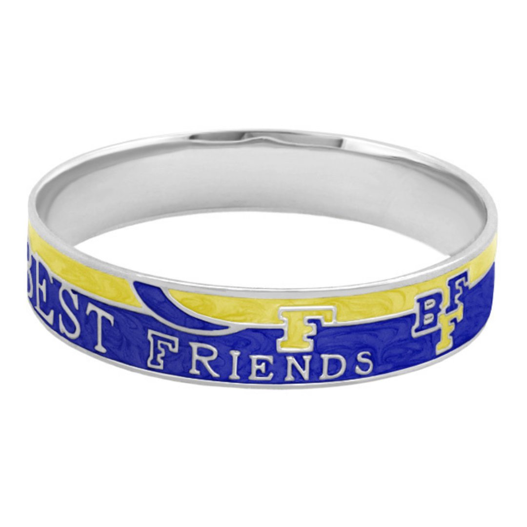 Best Friends bangle bracelet in blue and yellow enamel on a silver slip-on band on Tampa Home & Garden Store