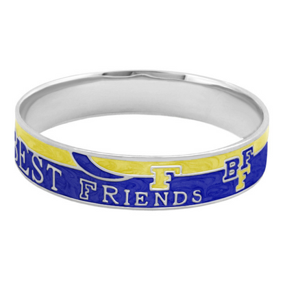 Best Friends bangle bracelet in blue and yellow enamel on a silver slip-on band on Tampa Home & Garden Store