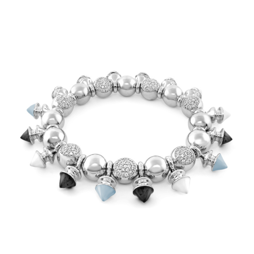 Tribal Bracelet by Lauren G Adams, stretchable silver-tone beads with pavé discs and blue, black, white cone charms on Tampa Home & Garden Store