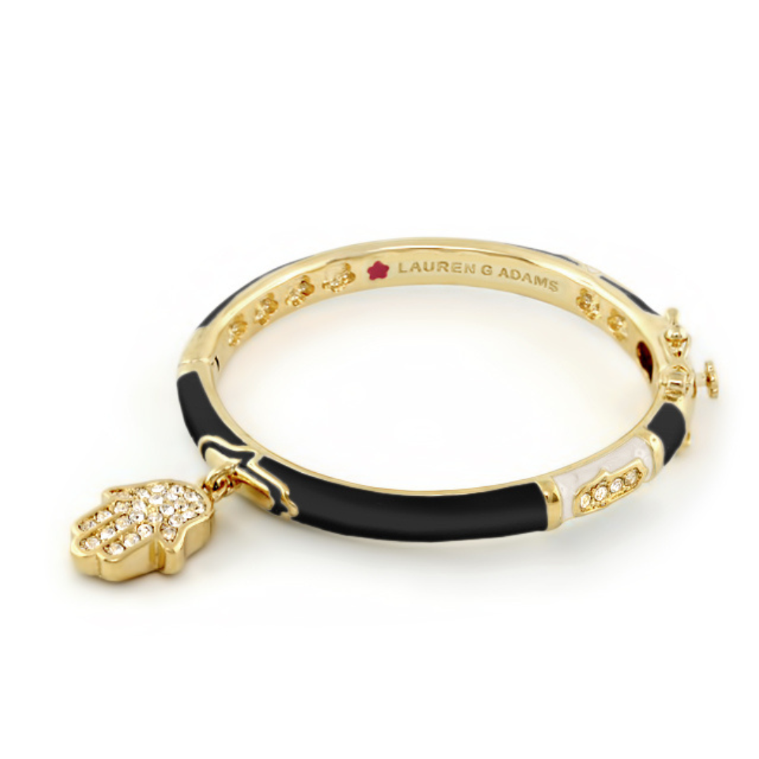 Girl's Bangle With Hamsa by Lauren G Adams in gold-tone with black enamel and crystal charm on Tampa Home & Garden Store