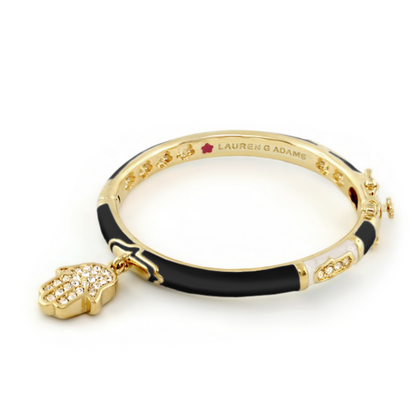 Girl's Bangle With Hamsa by Lauren G Adams in gold-tone with black enamel and crystal charm on Tampa Home & Garden Store