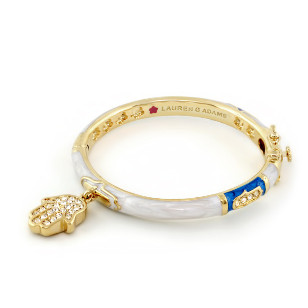 Girl's Bangle With Hamsa, gold-tone bracelet with white enamel and crystal Hamsa charm on Tampa Home & Garden Store