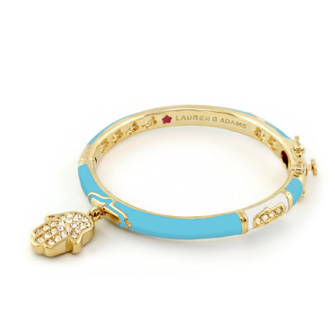Girl's bangle with hamsa charm, gold-tone turquoise enamel bracelet by Lauren G Adams on Tampa Home & Garden Store