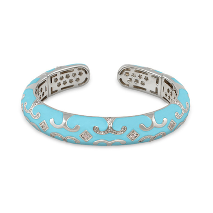 Enamel Scroll Cuff bracelet turquoise with silver-tone scrollwork by Lauren G Adams hinged bangle on Tampa Home & Garden Store