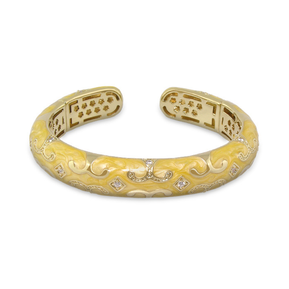 Enamel Scroll Cuff Hinged Bangle by Lauren G Adams, yellow enamel scrolls and diamond accents on Tampa Home & Garden Store