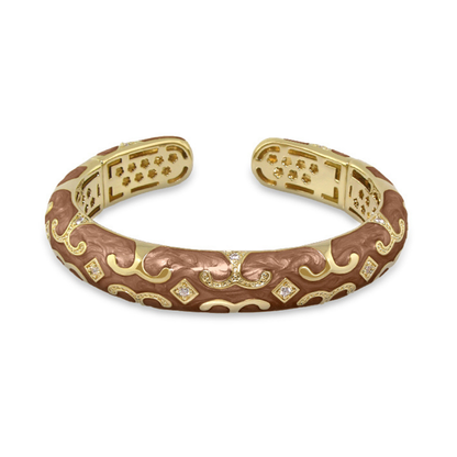 Enamel scroll cuff bracelet Lauren G Adams, brown enamel with gold scrollwork and diamonds on Tampa Home & Garden Store