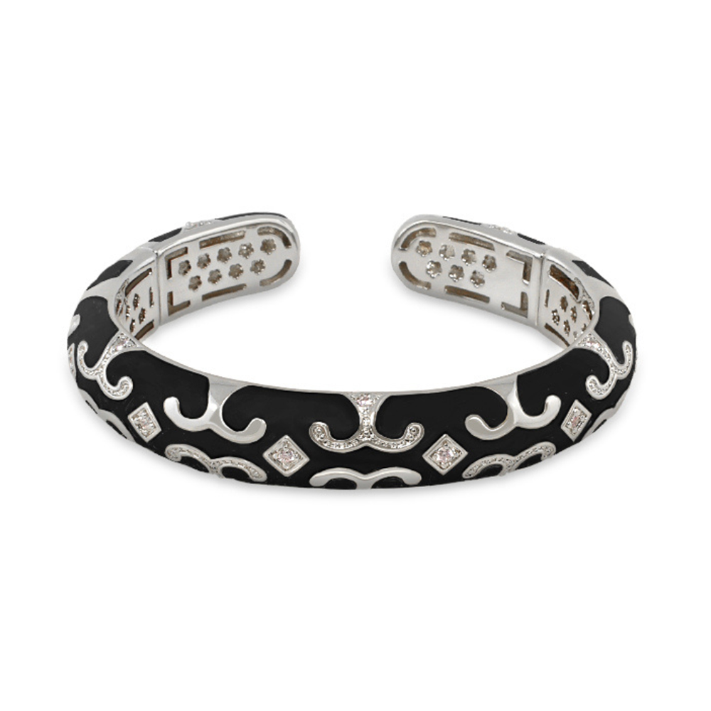 Enamel Scroll Cuff hinged bangle in black with silver scrollwork and crystals by Lauren G Adams on Tampa Home & Garden Store