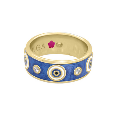 Evil Eye band ring by Lauren G Adams, blue enamel with gold trim and crystal accents on Tampa Home & Garden Store