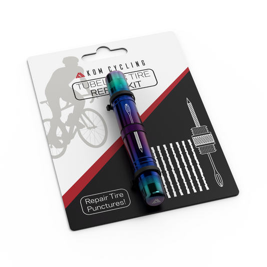 Tire repair tool KOM Cycling iridescent finish on packaging card with cyclist silhouette on Tampa Home & Garden Store