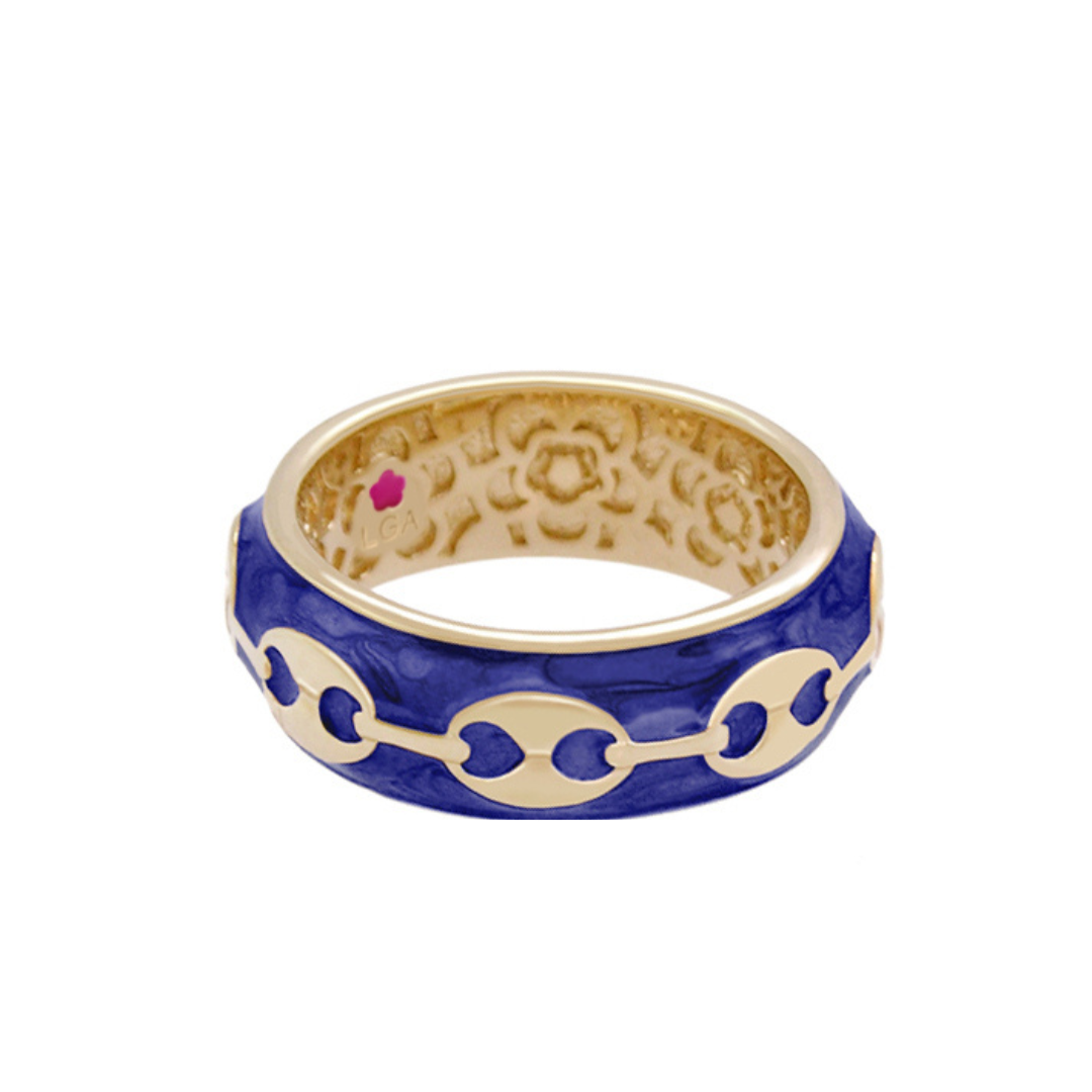 Milano Band Ring blue enamel with gold-tone chain motif on gold inner band by Lauren G Adams on Tampa Home & Garden Store