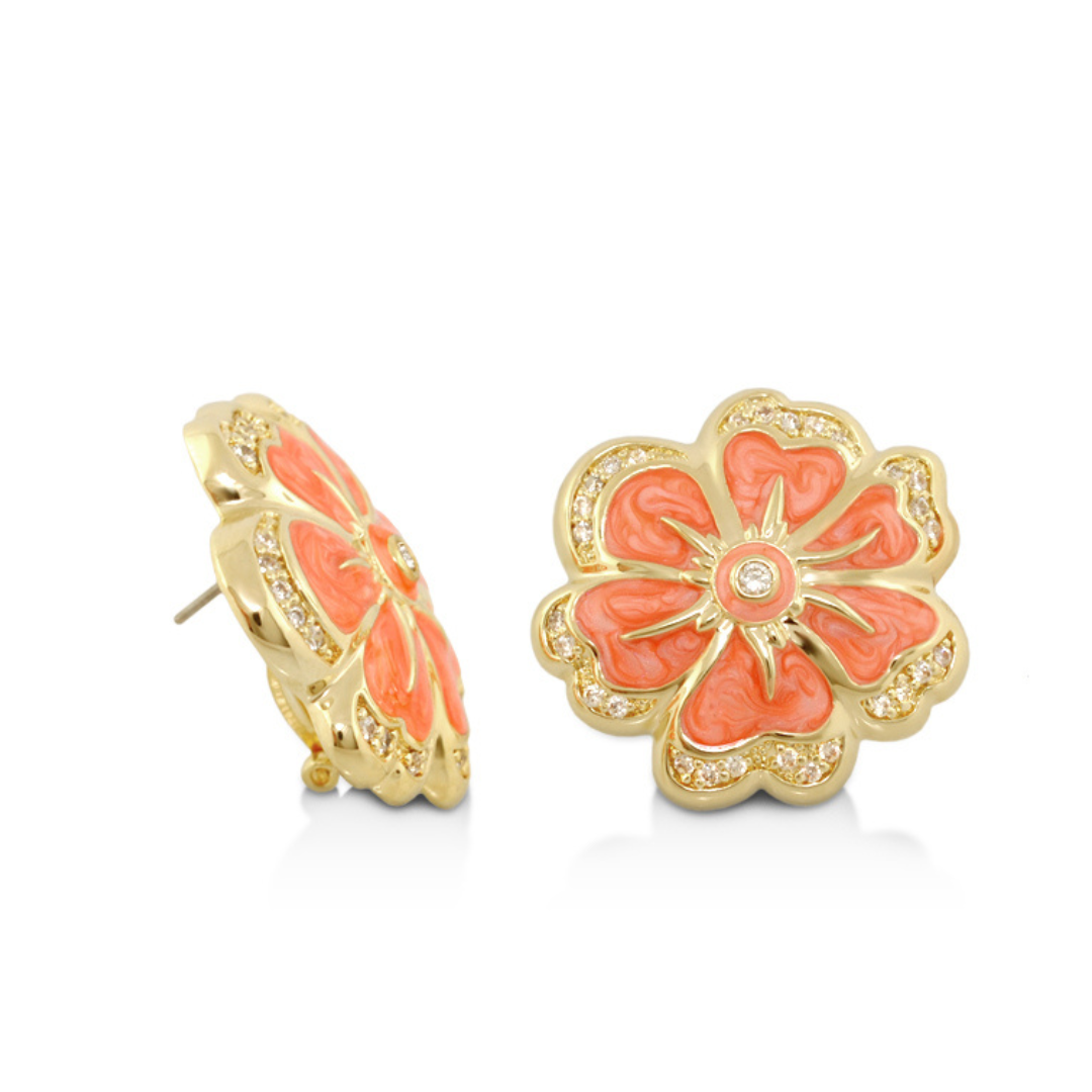 Daisy Swirl flower stud earrings coral pink enamel with gold-tone pavé edge crystals, pair on Tampa Home & Garden Store
