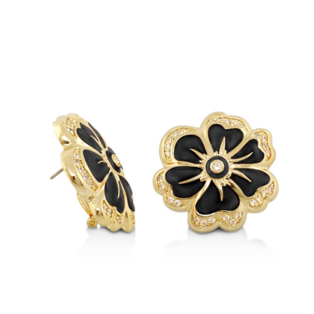 Daisy Swirl Earrings pavé-edge black enamel flower studs with gold trim by Lauren G Adams on Tampa Home & Garden Store