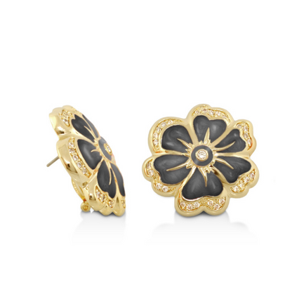 Daisy Swirl Earrings, Lauren G Adams goldtone flower studs with black enamel petals and pave rim on Tampa Home & Garden Store