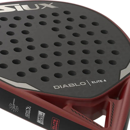 Padel racket Siux USA Diablo Elite 4 red frame with black perforated hitting surface and logo on Tampa Home & Garden Store