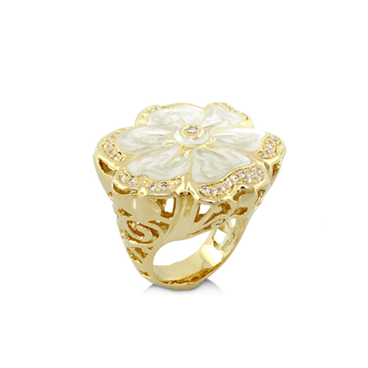 Daisy Swirl Cocktail Ring by Lauren G Adams, gold tone with mother-of-pearl petals and crystals on Tampa Home & Garden Store