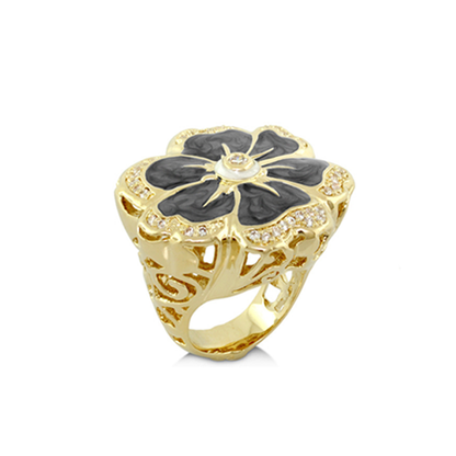 Daisy Swirl Cocktail Ring by Lauren G Adams, gold-tone flower with black enamel petals on Tampa Home & Garden Store