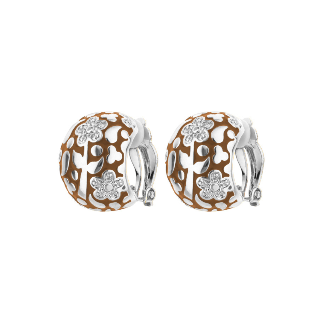 Flowers by Orly Dome Earrings, brown enamel with white floral cutouts and crystal accents, pair on Tampa Home & Garden Store