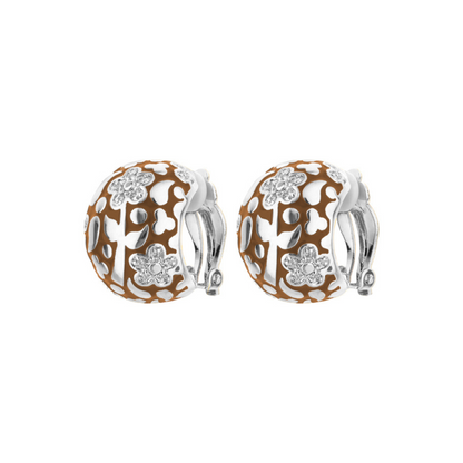 Flowers by Orly Dome Earrings, brown enamel with white floral cutouts and crystal accents, pair on Tampa Home & Garden Store
