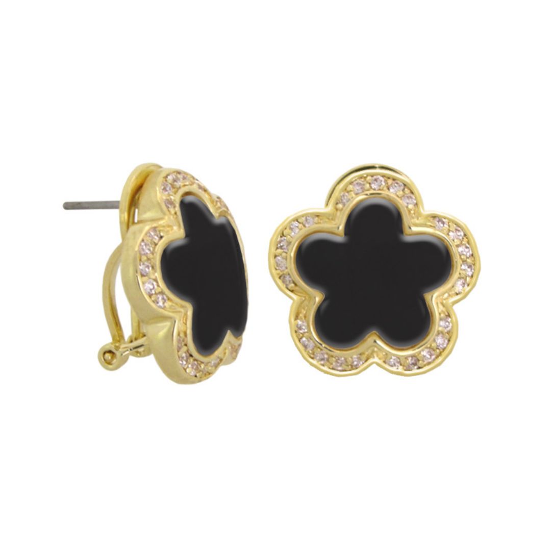Lauren G Adams Daisy Love Pavé Halo Clip earrings, gold-tone flower with black center and crystal rim pair on Tampa Home & Garden Store