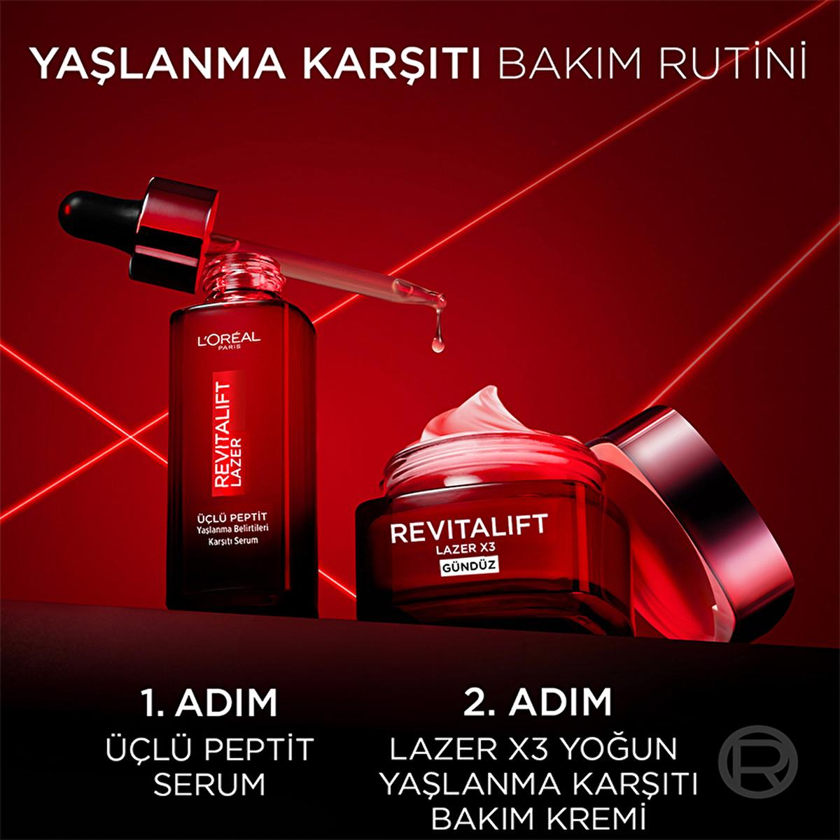 L'Oreal Paris Revitalift Triple Power serum bottle with dropper beside red Revitalift cream jar on a bold red backdrop on Tampa Home & Garden Store