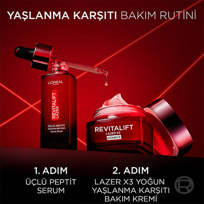 L'Oreal Paris Revitalift Triple Power serum bottle with dropper beside red Revitalift cream jar on a bold red backdrop on Tampa Home & Garden Store