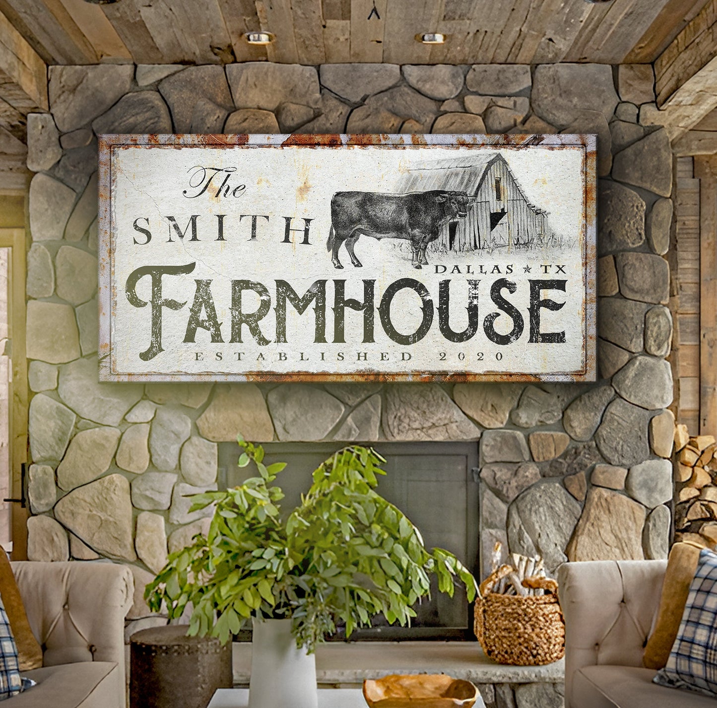 Canvas Rustic Farmhouse Sign X by Tailored Canvases, weathered white with cow and barn graphic on Tampa Home & Garden Store