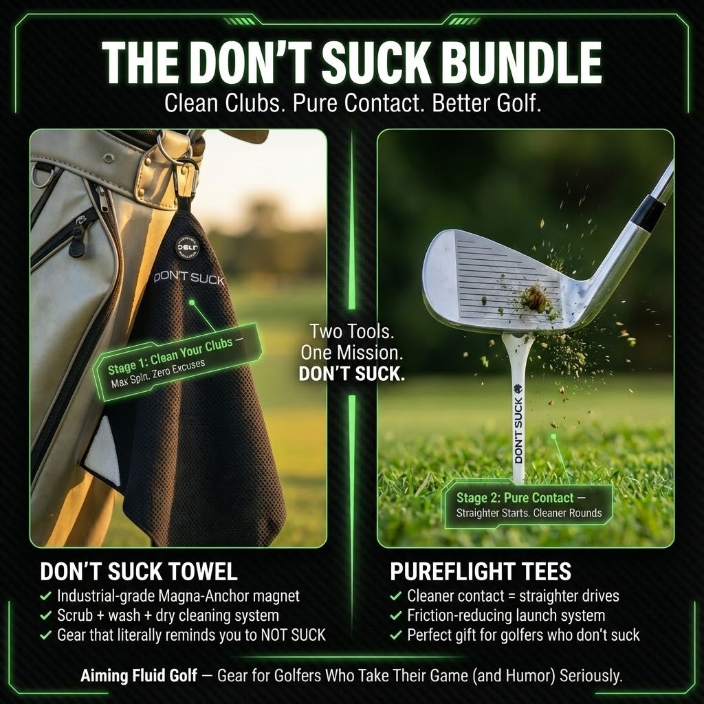 Don't Suck magnetic golf towel & PureFlight tees bundle; black towel with logo, white tees on green on Tampa Home & Garden Store