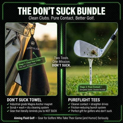 Don't Suck magnetic golf towel & PureFlight tees bundle; black towel with logo, white tees on green on Tampa Home & Garden Store