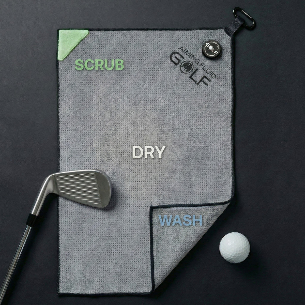 Magna-Anchor Magnetic Golf Towel 16x40 gray towel with green corner and magnetic carabiner on Tampa Home & Garden Store