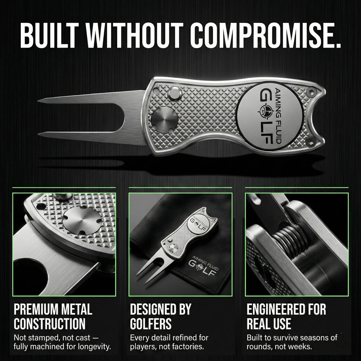 Foldable 5-in-1 divot tool with magnetic ball marker, premium metal construction, Aiming Fluid Golf on Tampa Home & Garden Store
