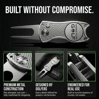 Foldable 5-in-1 divot tool with magnetic ball marker, premium metal construction, Aiming Fluid Golf on Tampa Home & Garden Store