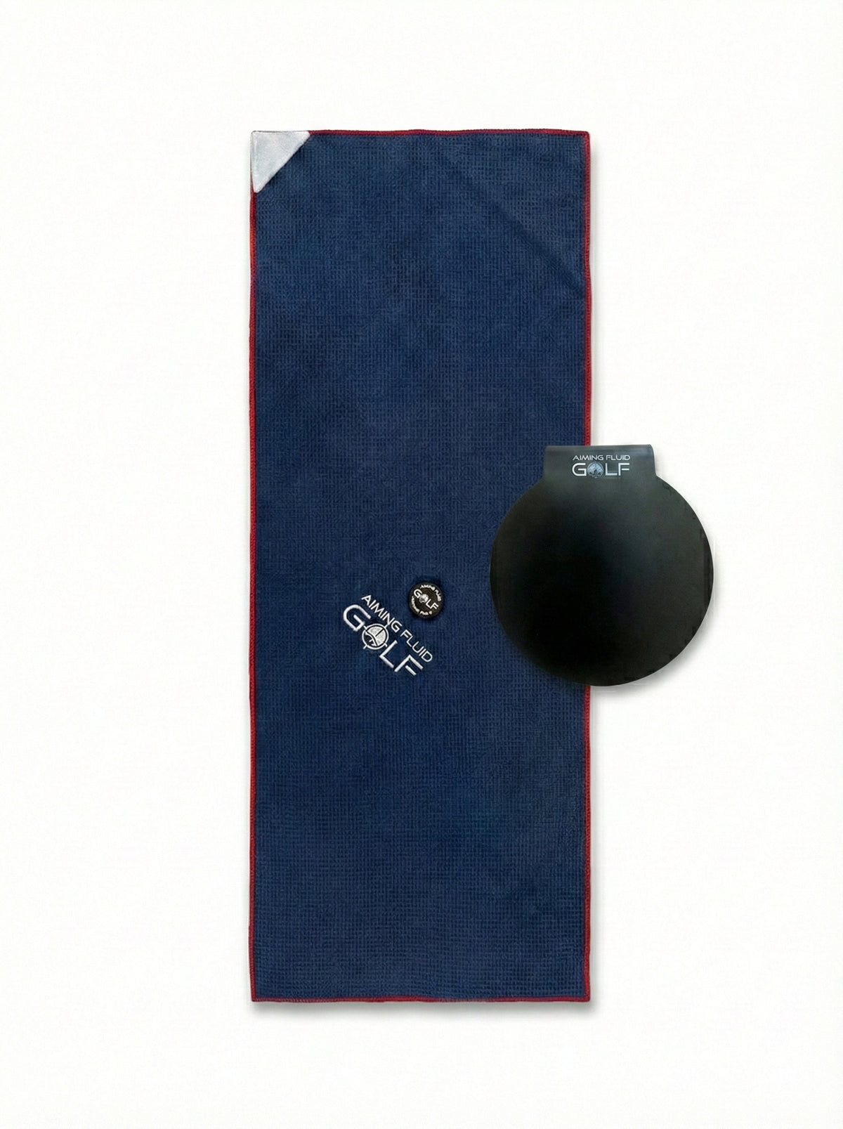 The 40 Magnetic Golf Towel + Landing Pad System towel with red trim by Aiming Fluid Golf on Tampa Home & Garden Store