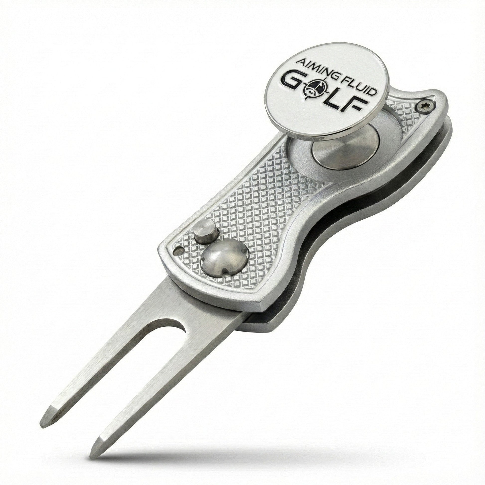 Foldable 5-in-1 divot tool with magnetic ball marker, silver metal, Aiming Fluid Golf on Tampa Home & Garden Store