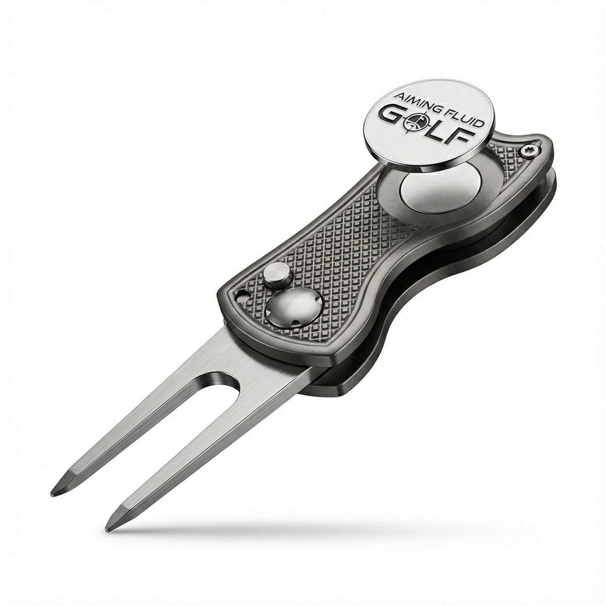 Foldable 5-in-1 Divot Tool with magnetic ball marker in silver metal by Aiming Fluid Golf on Tampa Home & Garden Store