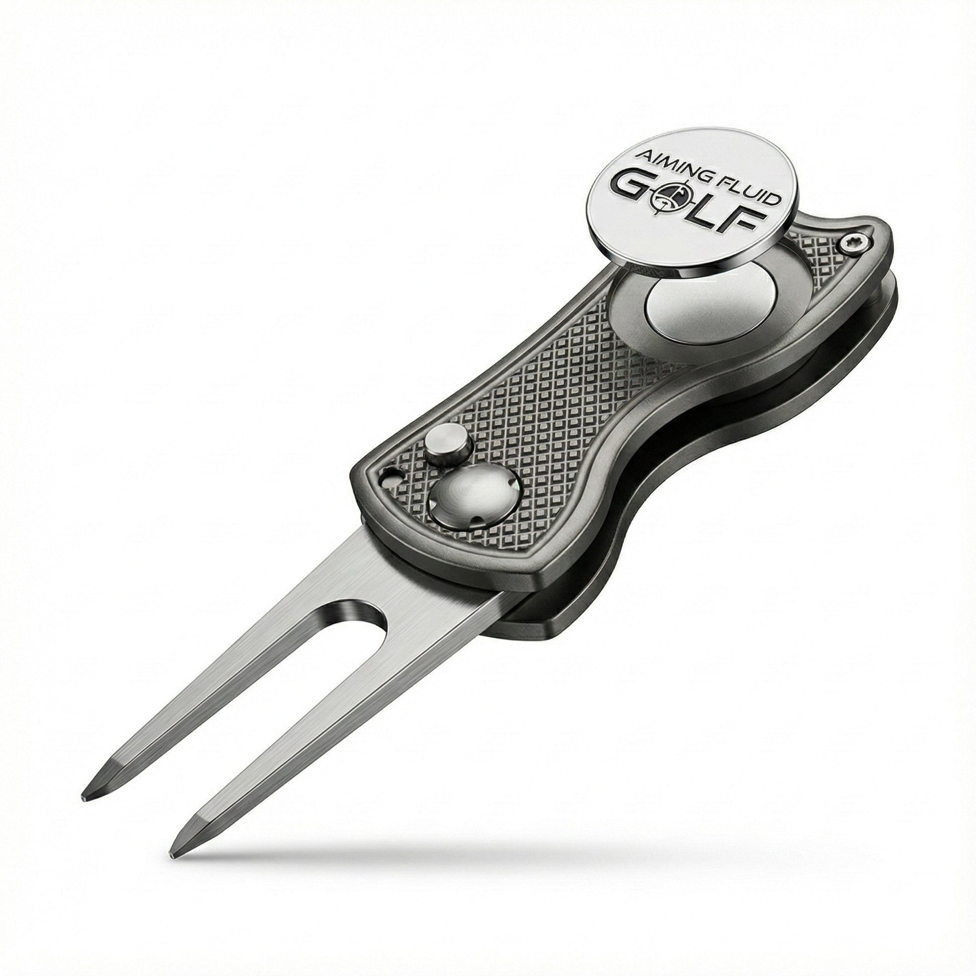 Foldable 5-in-1 Divot Tool with magnetic ball marker in silver metal by Aiming Fluid Golf on Tampa Home & Garden Store