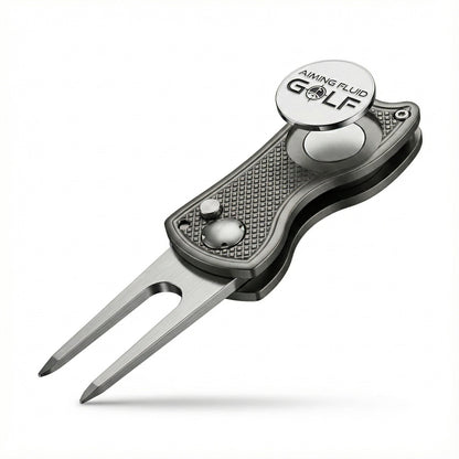 Foldable 5-in-1 Divot Tool with magnetic ball marker in silver metal by Aiming Fluid Golf on Tampa Home & Garden Store