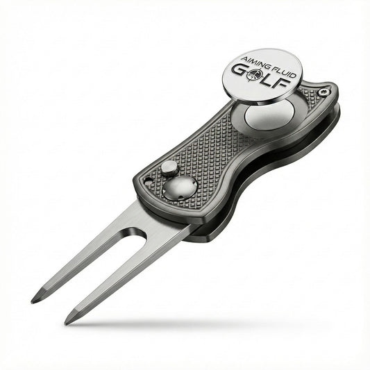Foldable 5-in-1 Divot Tool with magnetic ball marker in silver metal by Aiming Fluid Golf on Tampa Home & Garden Store