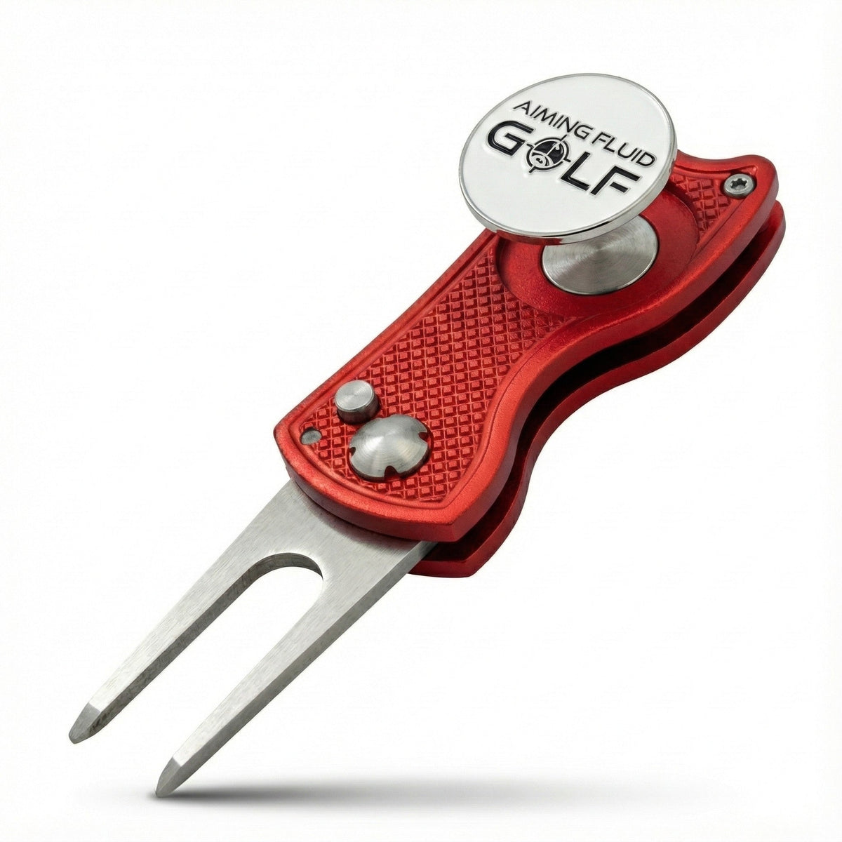 Foldable 5-in-1 divot tool with magnetic ball marker, red handle by Aiming Fluid Golf on Tampa Home & Garden Store