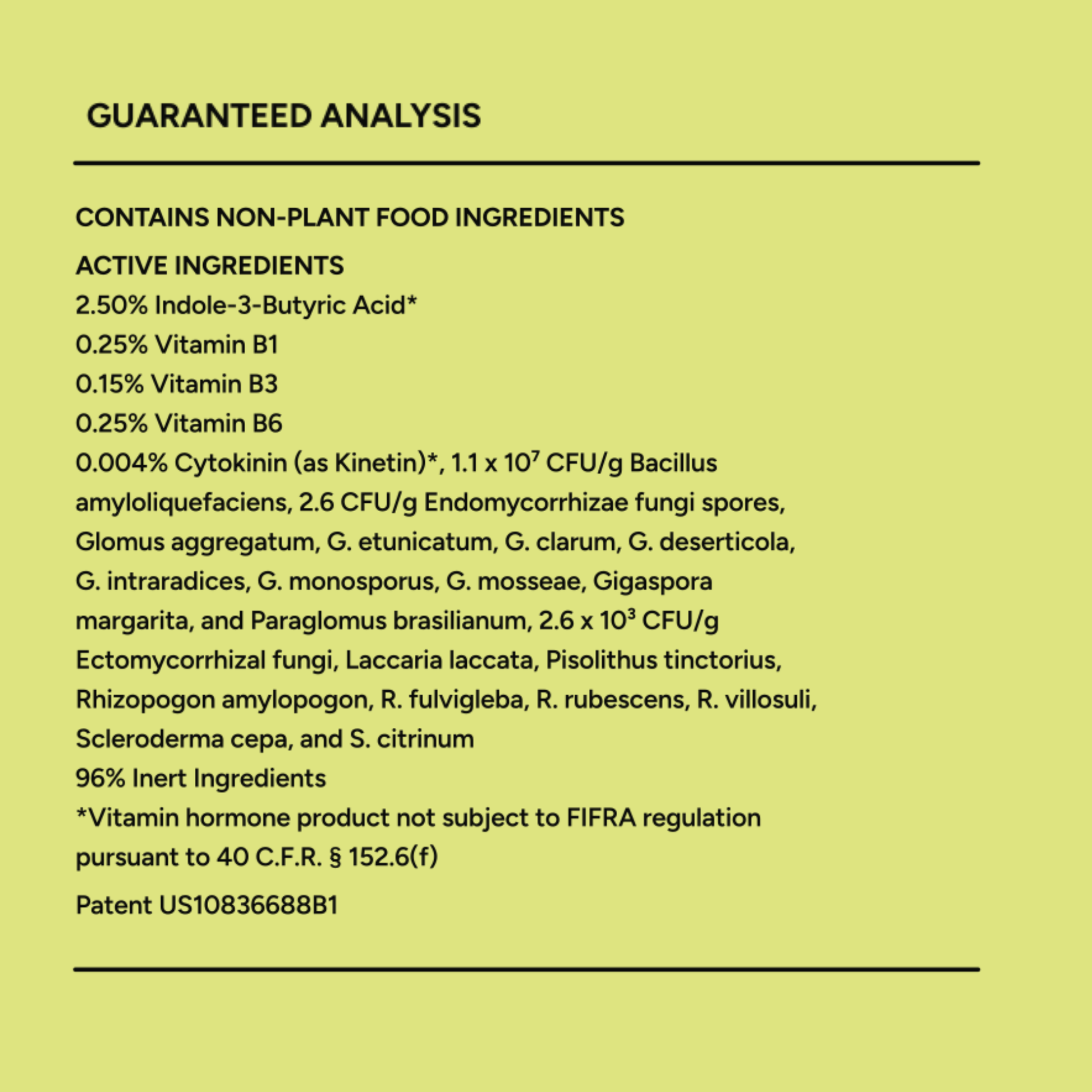 Pots & Planters Indoor fertilizer label by MitoGrow with ingredients on yellow background on Tampa Home & Garden Store
