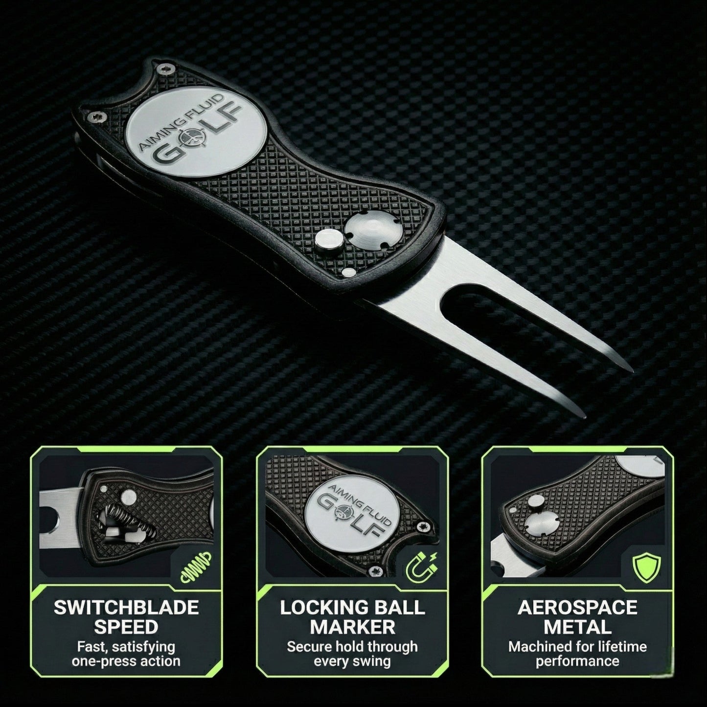 Foldable 5-in-1 divot tool with magnetic ball marker, black handle, Aiming Fluid Golf on Tampa Home & Garden Store