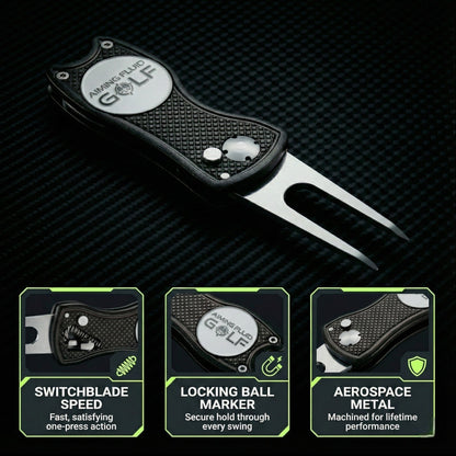 Foldable 5-in-1 divot tool with magnetic ball marker, black handle, Aiming Fluid Golf on Tampa Home & Garden Store