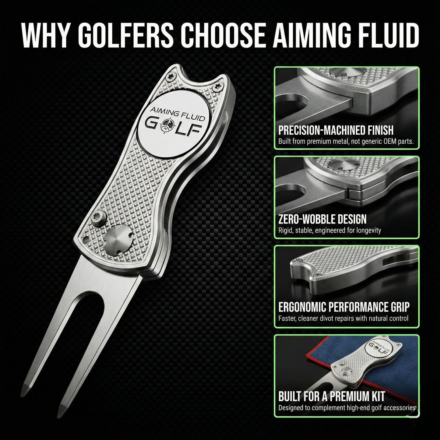 Foldable 5-in-1 divot tool with magnetic ball marker and textured grip by Aiming Fluid Golf on Tampa Home & Garden Store