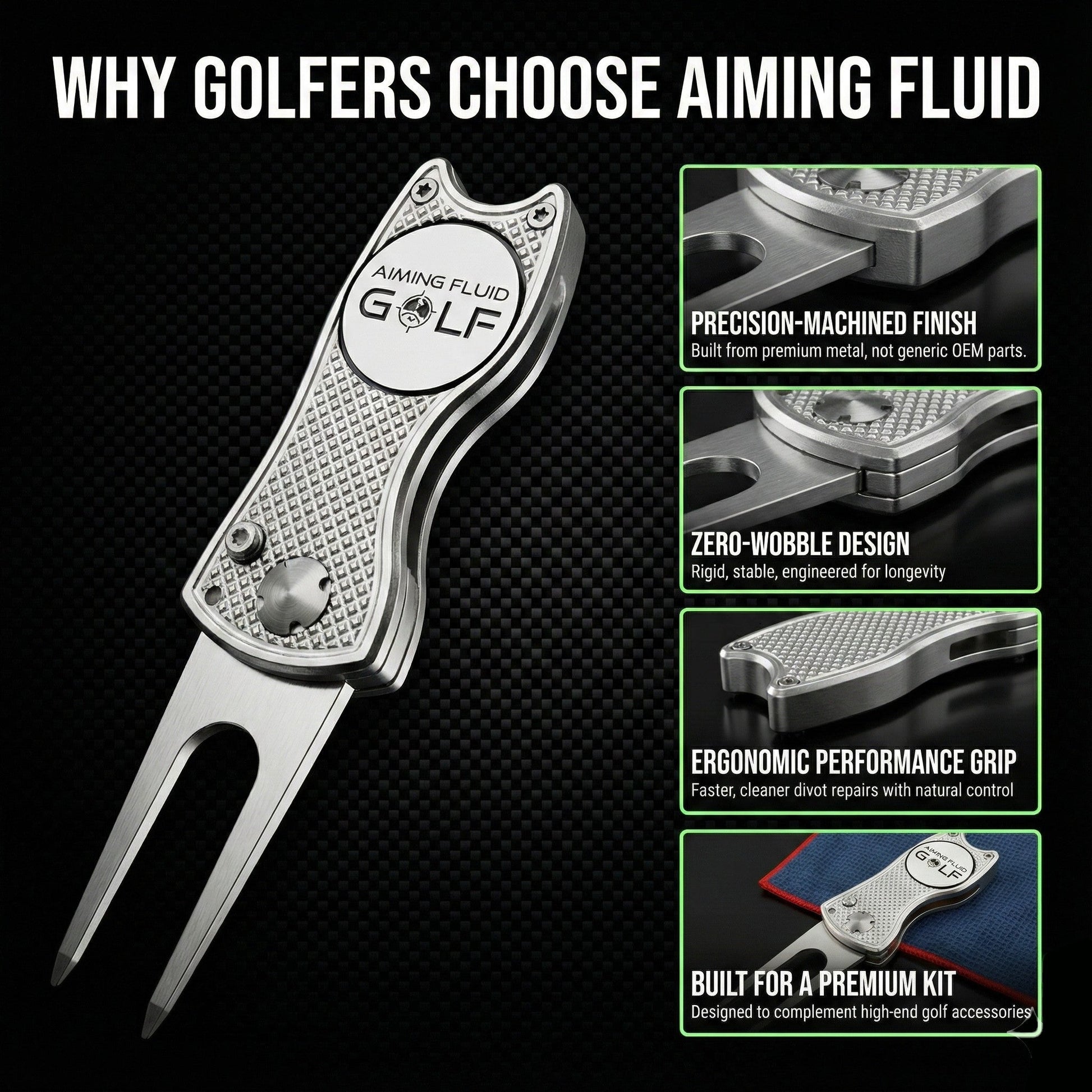 Foldable 5-in-1 divot tool with magnetic ball marker and textured grip by Aiming Fluid Golf on Tampa Home & Garden Store