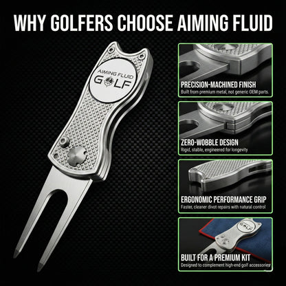 Foldable 5-in-1 divot tool with magnetic ball marker and textured grip by Aiming Fluid Golf on Tampa Home & Garden Store